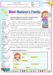 English Worksheet: Meet  Madisons Family  -  Reading Test