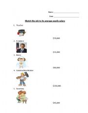 English Worksheet: Matching job to average salary in U.S.