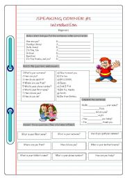 English Worksheet: Speaking Corner #1 (Introduction - Beginners)