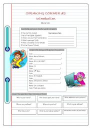 English Worksheet: Speaking Corner #2 (Introduction - Elementary)