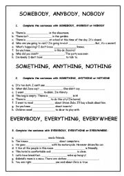 English Worksheet: SOMEBODY, ANYBODY, NOBODY, SOMETHING, ANYTHING, ETC