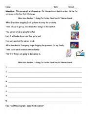 English worksheet: Sequencing paragraph - What the teacher will do on her winter break