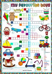 English Worksheet: My favourite toys - crossword (Greyscale + KEY included)