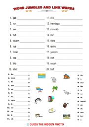 English Worksheet: word jumbles and link words.