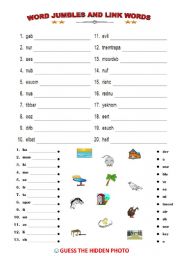 English worksheet: word jumbles and link words.