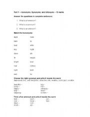 English Worksheet: Homonyms, Synonyms, and Antonyms Quiz