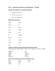 English worksheet: Homonyms, Synonyms, and Antonyms Quiz