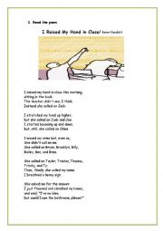 English Worksheet: poem: I Raised My Hand in Class - 2 pages