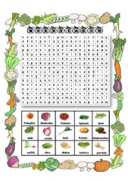 English Worksheet: vegetables wordsearch game