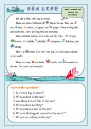 English Worksheet: Sea Life/Reading Comprehension