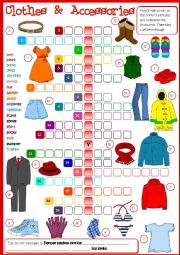 English Worksheet: Clothes & Accessories - crossword (Greyscale + KEY included)