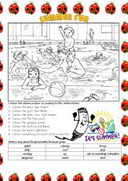 English Worksheet: Summer Fun (Colouring, reading and writing)