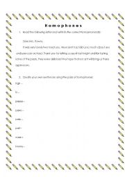 English Worksheet: Homophones