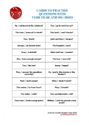 Cards to practise questions whith verb to be and auxiliaries do / does