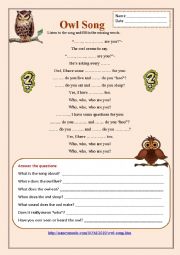 English Worksheet: Question Words (Owl Song)
