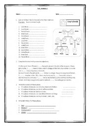 Test on places in town, there is /there are , prepositions, family members. possessive s, possessive adjectives