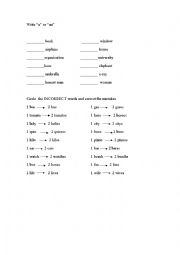 English Worksheet: indefinite articles + plural