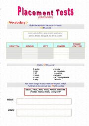 English Worksheet: Placement Test Vocabulary-Beginner