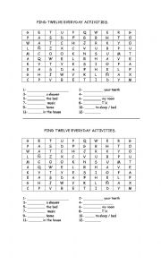 English Worksheet: wordsoup with everyday activities