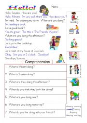 English Worksheet: Hello!: a short dialogue with a puzzle and comprehesion in colour and greyscale.