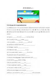 English Worksheet: At the beach - phrases, gap filling exercise