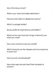 English Worksheet: travel discussion/speaking questions