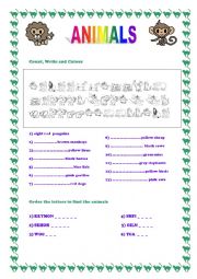 English Worksheet: Animals - Colours- Numbers