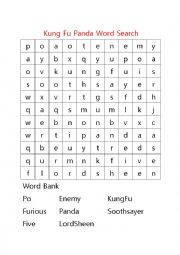 English Worksheet: Kung Fu Panda Word Search