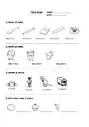 English Worksheet: Test - Activities - School Objects - Colours - Numbers - Answer simple question - Happy Street 1