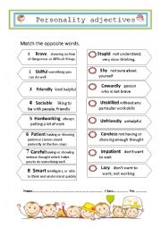 English Worksheet: Match the opposite words about personality adjectives 