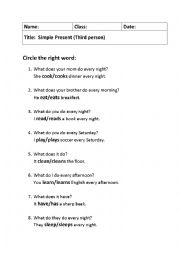 Simple Present worksheet, focusing on third person singular