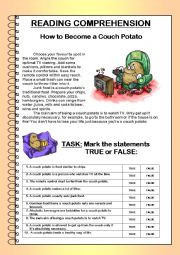 English Worksheet: READING COMPREHENSION - How to Become a Couch Potato