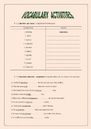 English Worksheet: 4 exercises, 2 pages, key included, about nouns, verbs,  adjectives and prepositions