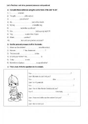 English Worksheet: Practice for verb to be, personal pronouns and personal questions