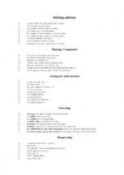 English Worksheet: language skills ( giving advice, asking for information, etc)