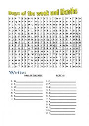 English Worksheet: Days of the week & Months Wordsearch