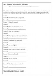 English Worksheet: Getting to know you role play