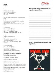 English Worksheet: Alive - Pearl Jam - Reported Speech 
