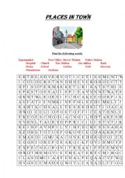 English Worksheet: Places in Town word search
