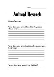 English worksheet: Animal Research Sheet