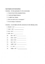 English worksheet: Apostrophes and Contractions