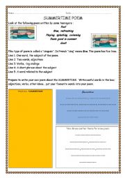 English Worksheet: SUMMERTIME POEM