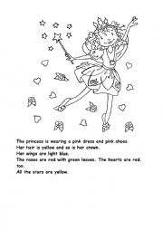 English Worksheet: read and color in princess