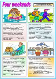 English Worksheet: FOUR WEEKENDS (PAST SIMPLE) READING- ANSWERING QUESTIONS AND EXERCISES (TWO  PAGES)