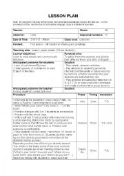 English Worksheet: 1st lesson - lesson plan