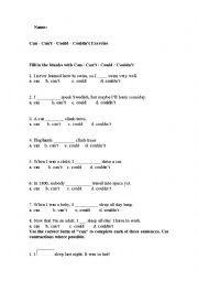 English Worksheet: Could, Couldnt, Can, Cant Exercises