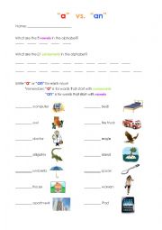English Worksheet: Articles - a, an, recognizing vowels and consonants