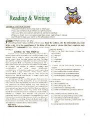 English Worksheet: Reading and Writing Intermediate test