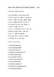 English Worksheet: like, hate, mind... followed by verb+ing