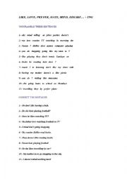 English Worksheet: like, hate, mind... followed by verb+ing